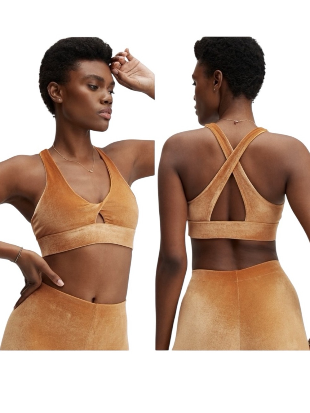 Fabletics Oasis Twist Velour Activewear Padded Sports Bra in Light Honey